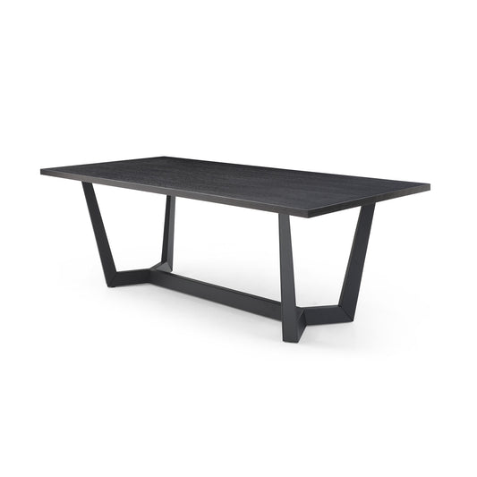 a table with a black top and metal legs