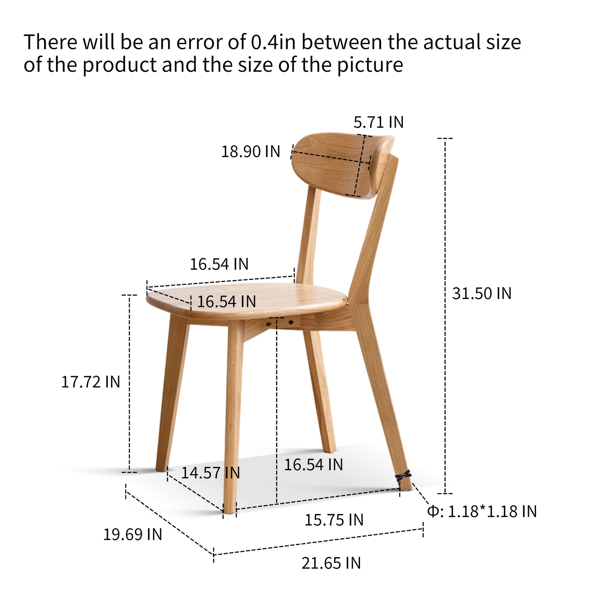 a wooden chair with measurements for the seat and back