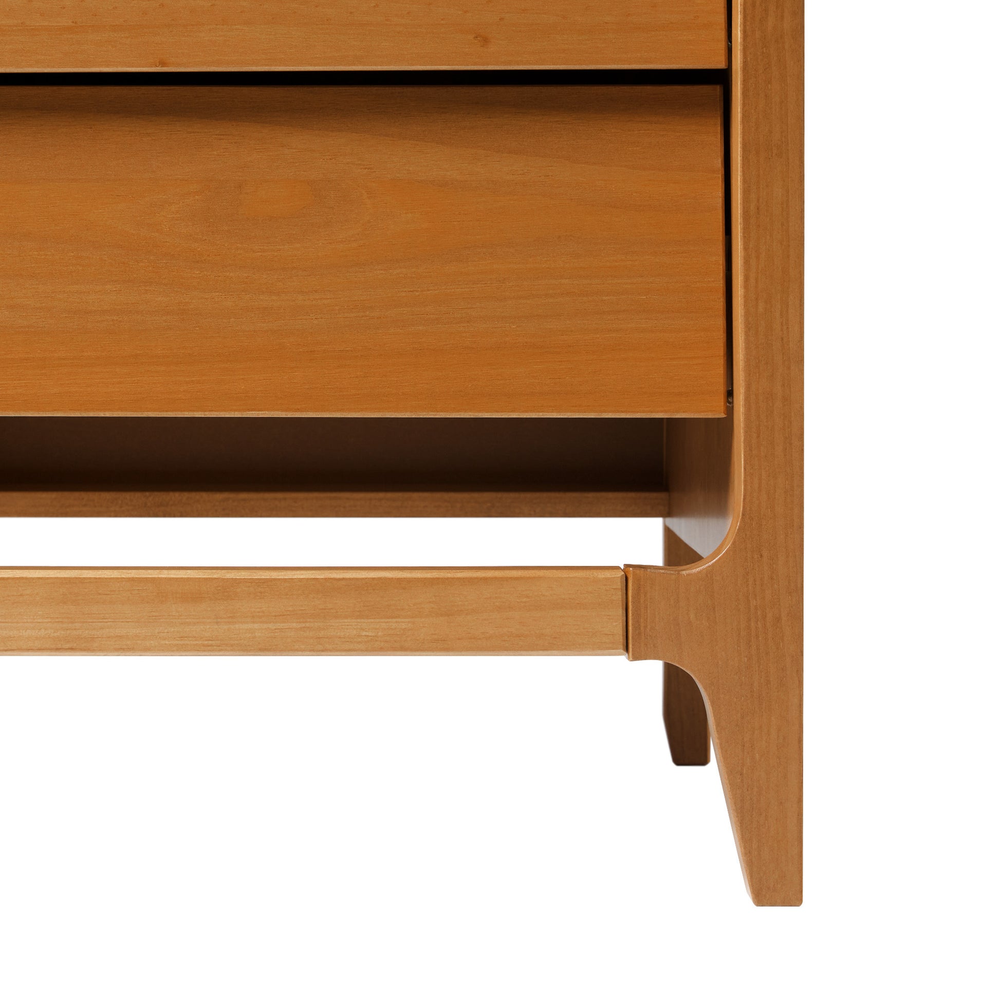 Scandi Angle Face Solid Wood Nightstand – Caramel, featuring a close-up of its wooden drawer with angled fronts, showcasing its unique minimalist design and craftsmanship.