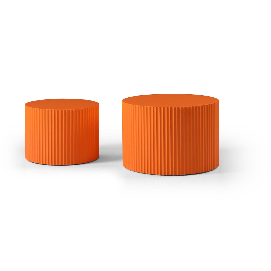 a pair of orange stools sitting next to each other