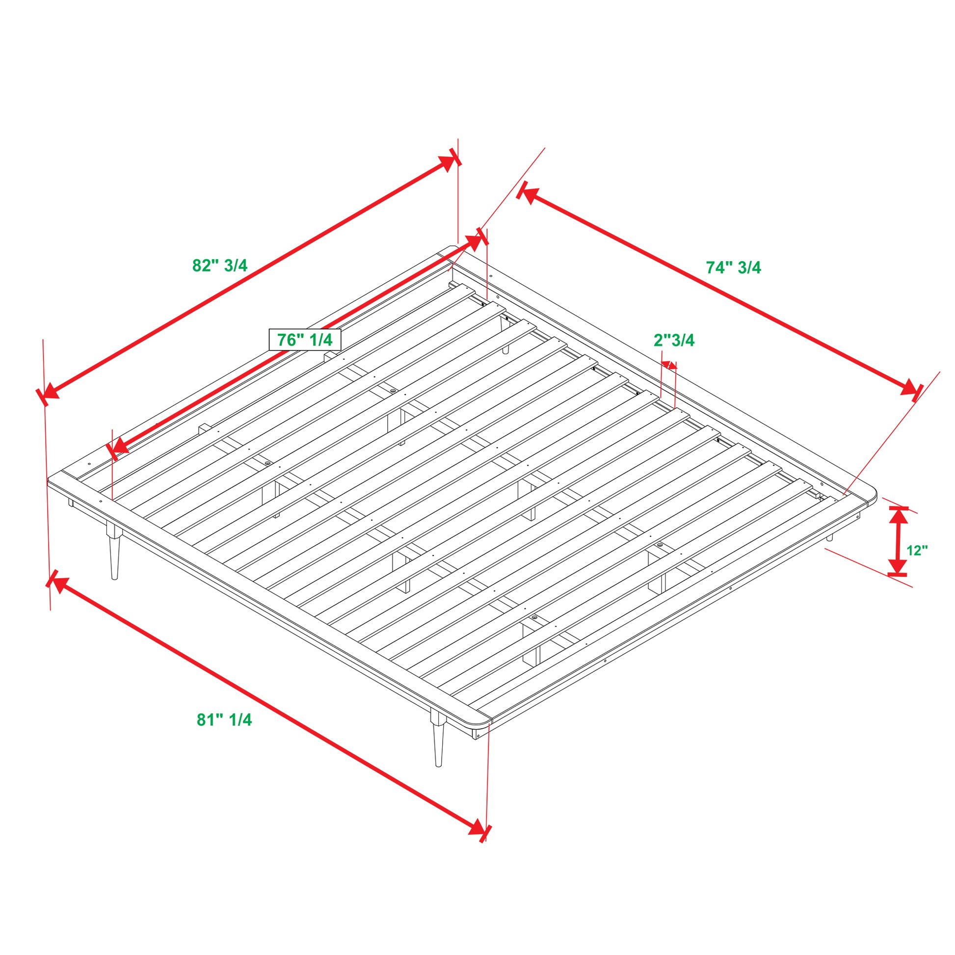 Mid-century modern bed frame drawing, showcasing the platform design with solid pine construction and tapered legs, as described for the King Platform Bed Frame - Caramel.