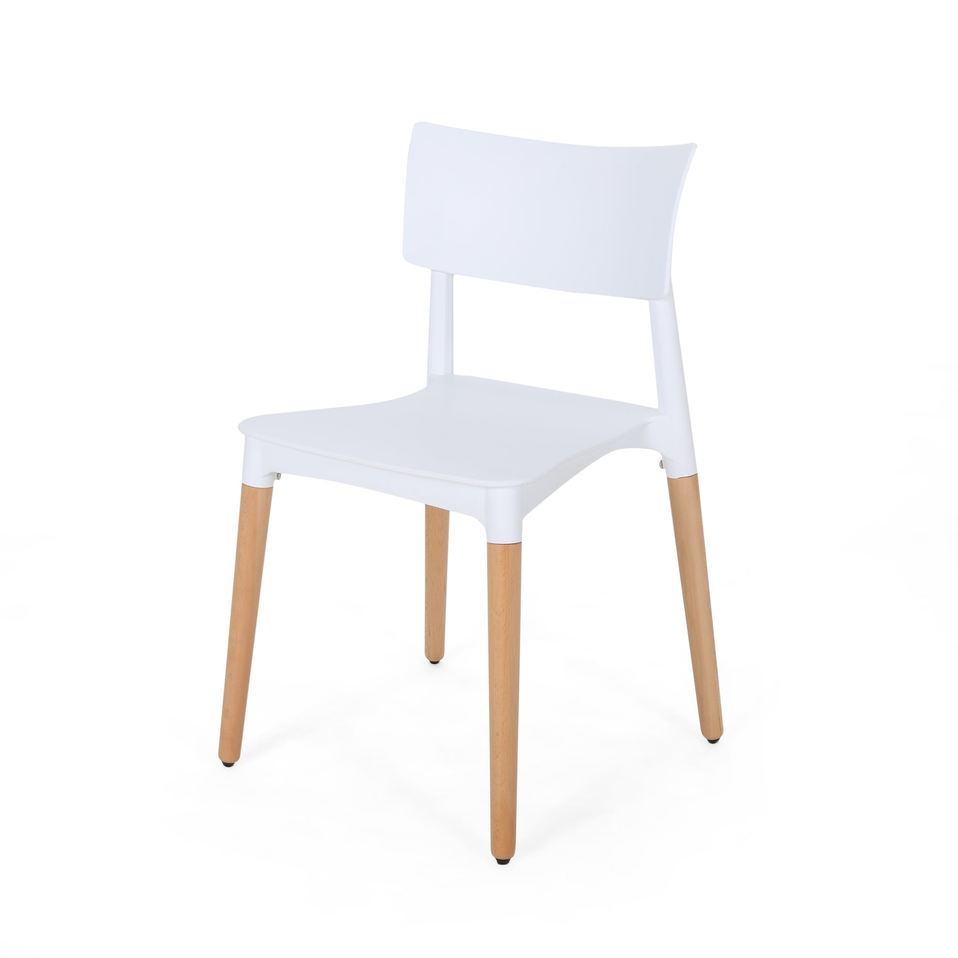 Minimalist White Dining Chair Set with white polypropylene seat and natural beech wood legs, showcasing a sleek, modern design suitable for dining or office spaces.