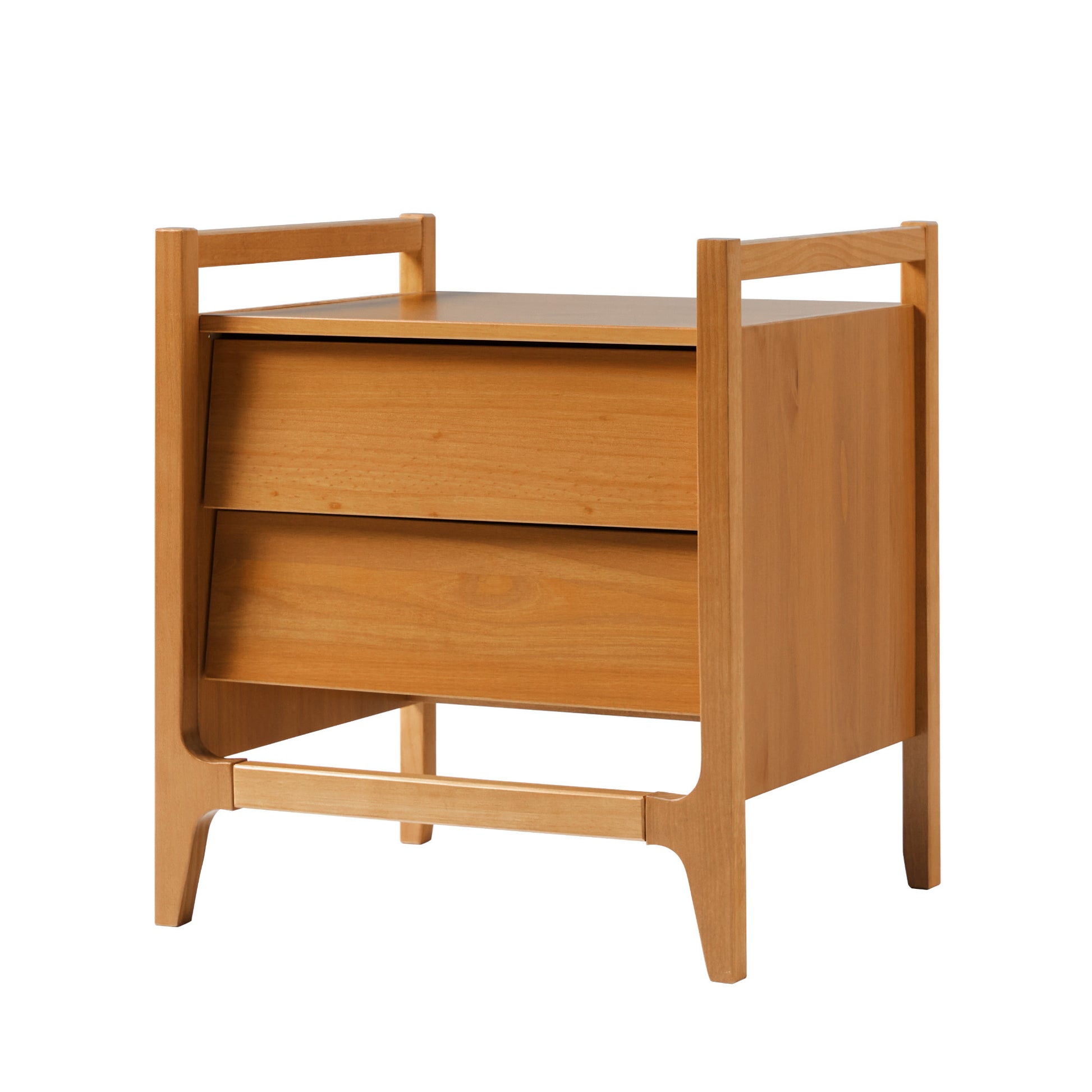 Scandi Angle Face Solid Wood Nightstand – Caramel, featuring a minimalist design with two angled drawers, crafted from solid pine wood, showcasing smooth wood glides.