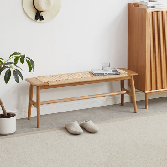 Scandi Modern Natural Oak Wood Bench with Woven Cane Seat
