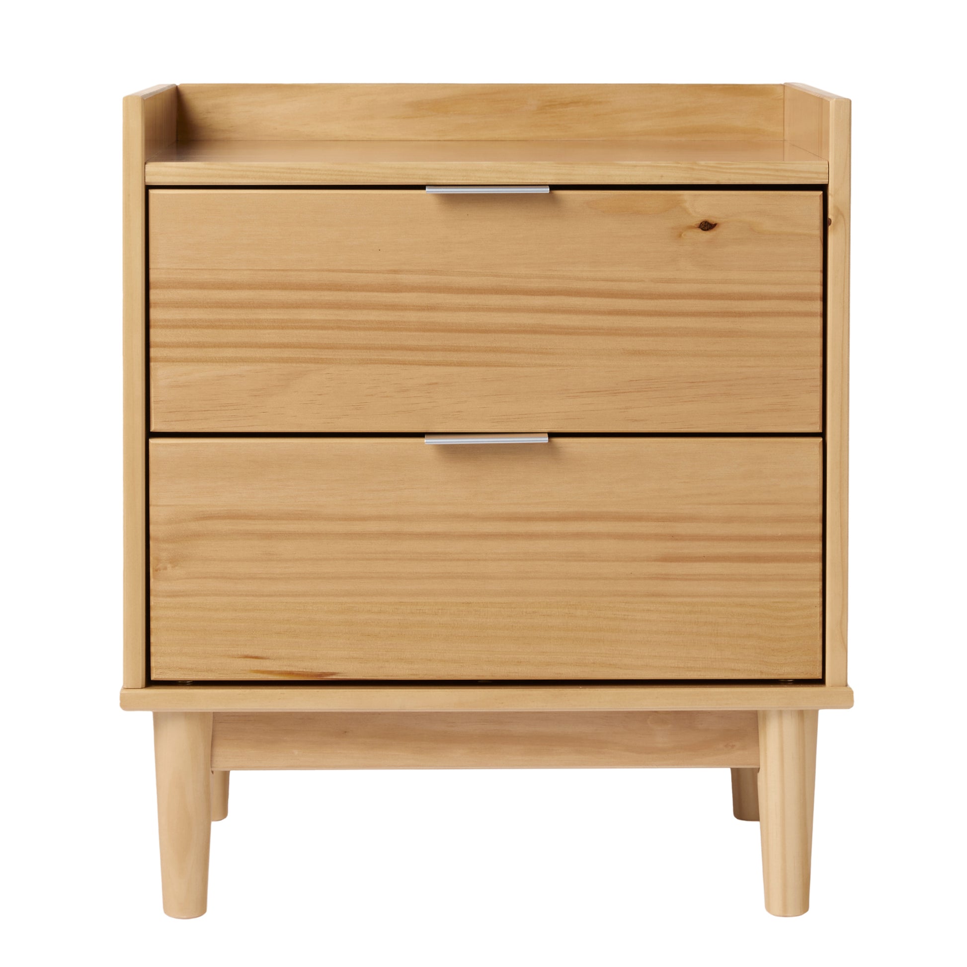 a wooden nightstand with two drawers on top of it