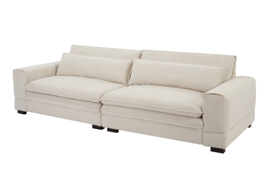 Mid-Century Modern Upholstered Beige Sofa Couch showcasing plush cushions and solid wood legs, embodying style and comfort in a sleek, modern design.