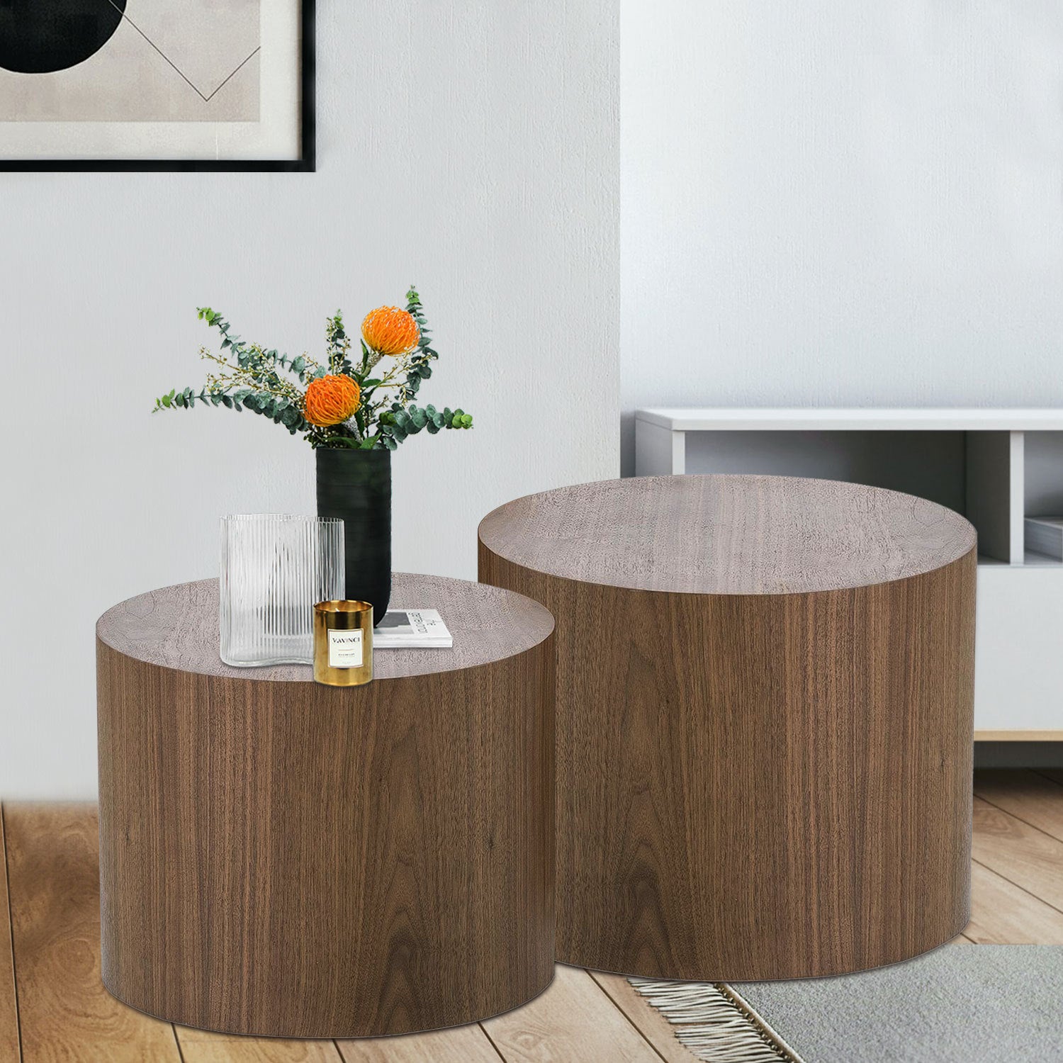 a couple of tables sitting on top of a wooden floor