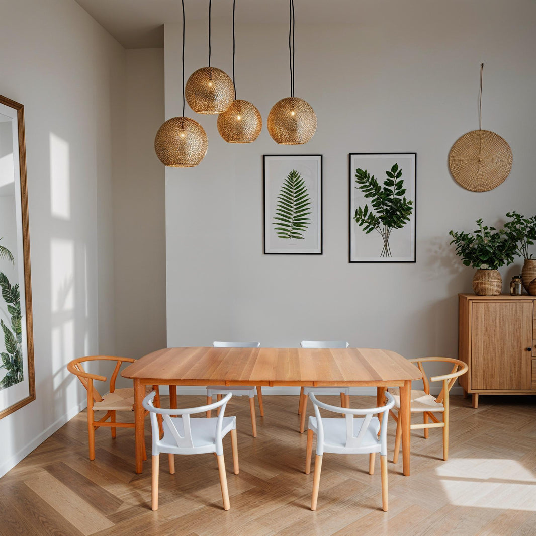 The Mar Vista Scandinavian extendable Oval Dining Table in a dining room setting, surrounded by white chairs with wooden legs, showcasing its elegant mid-century modern design.