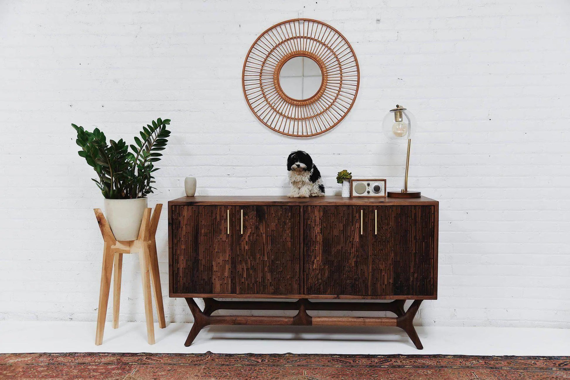 Elmore Mid Century Modern Sideboard Buffet in solid walnut, featuring a sleek design and brass door pulls, ideal for a contemporary home setting.