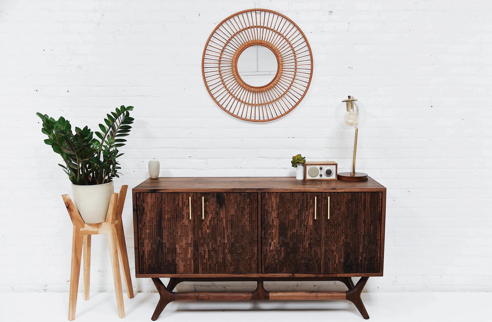 Modern Credenza wide angle shot, with sculpted walnut base.