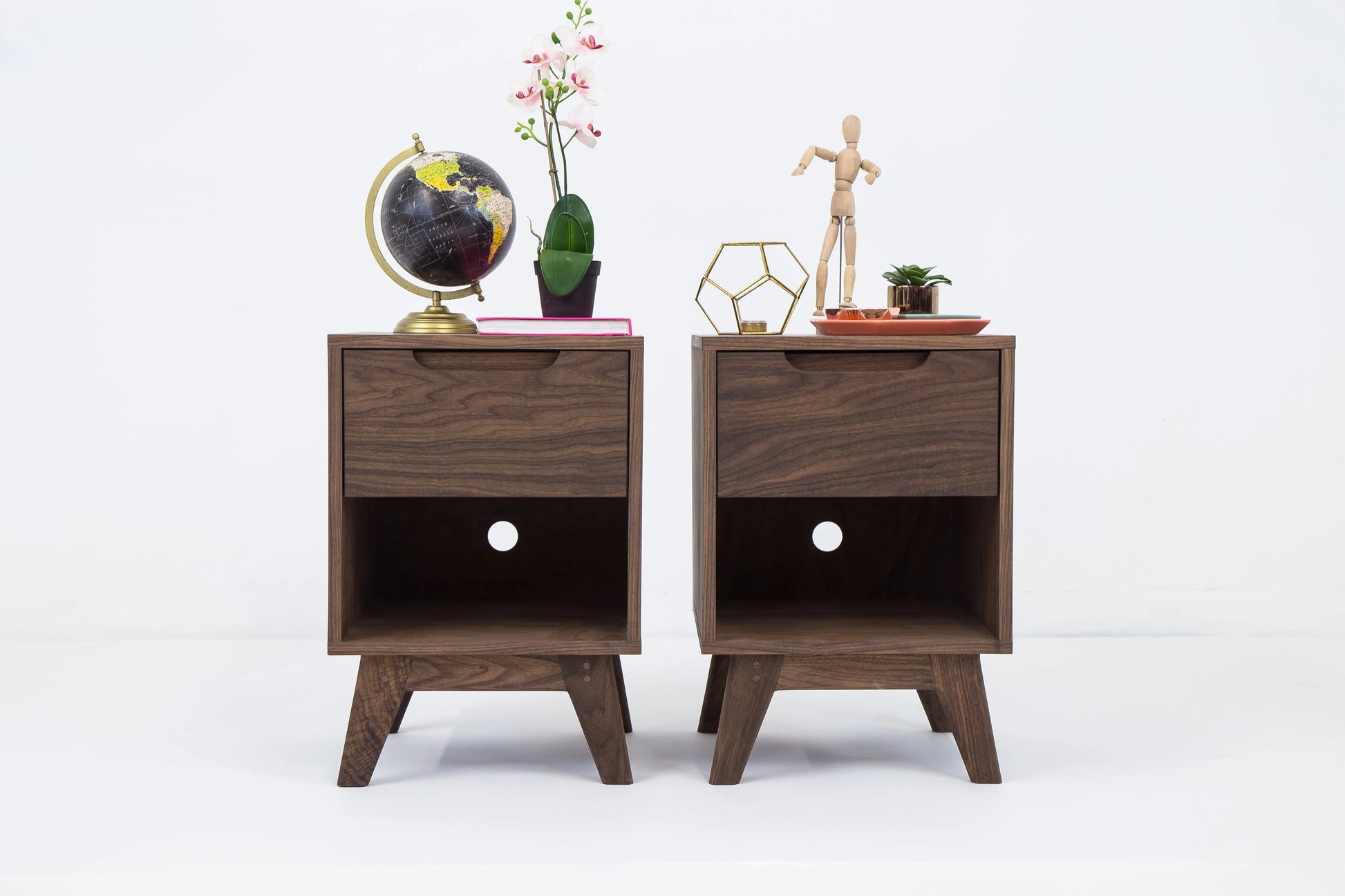 walnut mid century bedside tables with drawers

