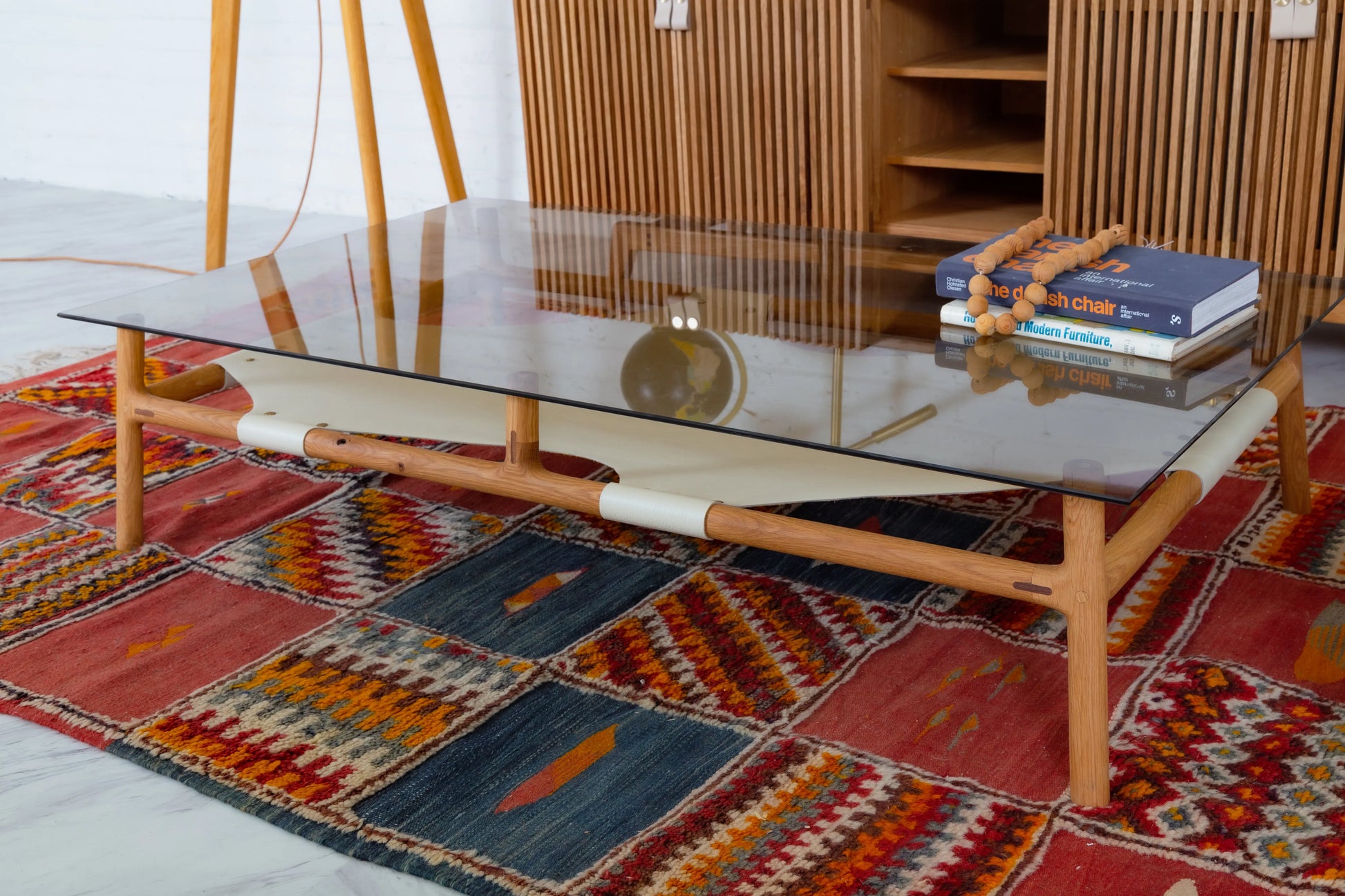scandinavian coffee table pictured with Moroccan rug