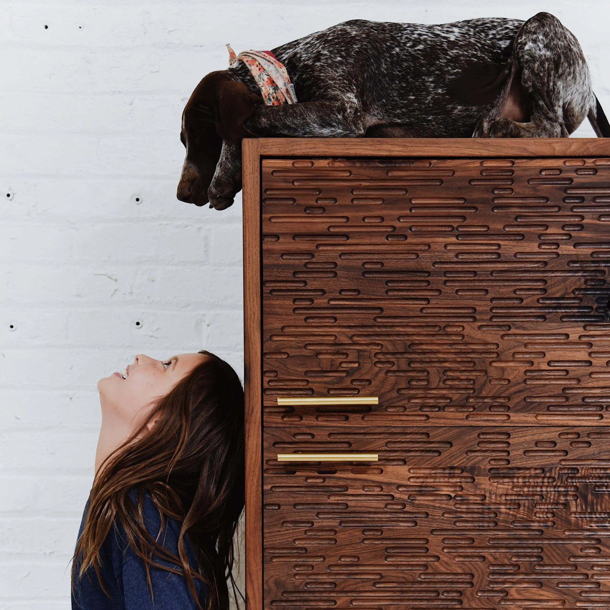 Scandinavian Modern Credenza in walnut, Girl looking up at dog, zoomed in. 