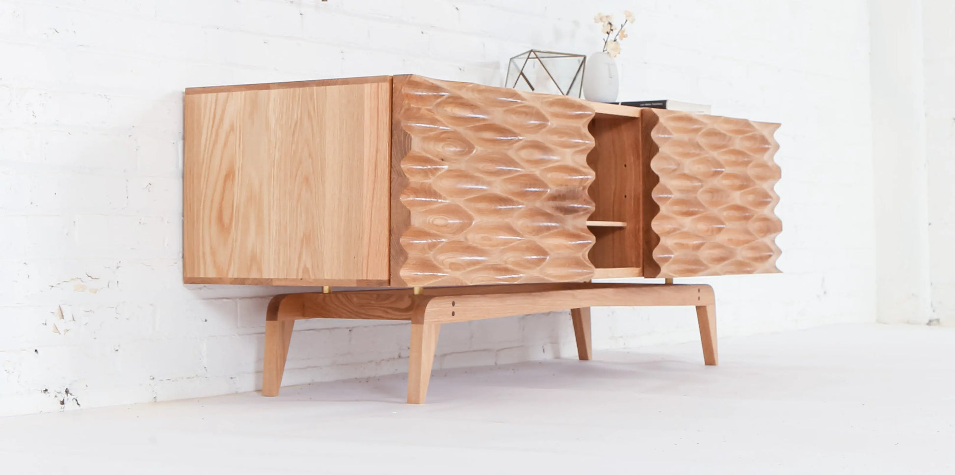 end view of Modern oak credenza