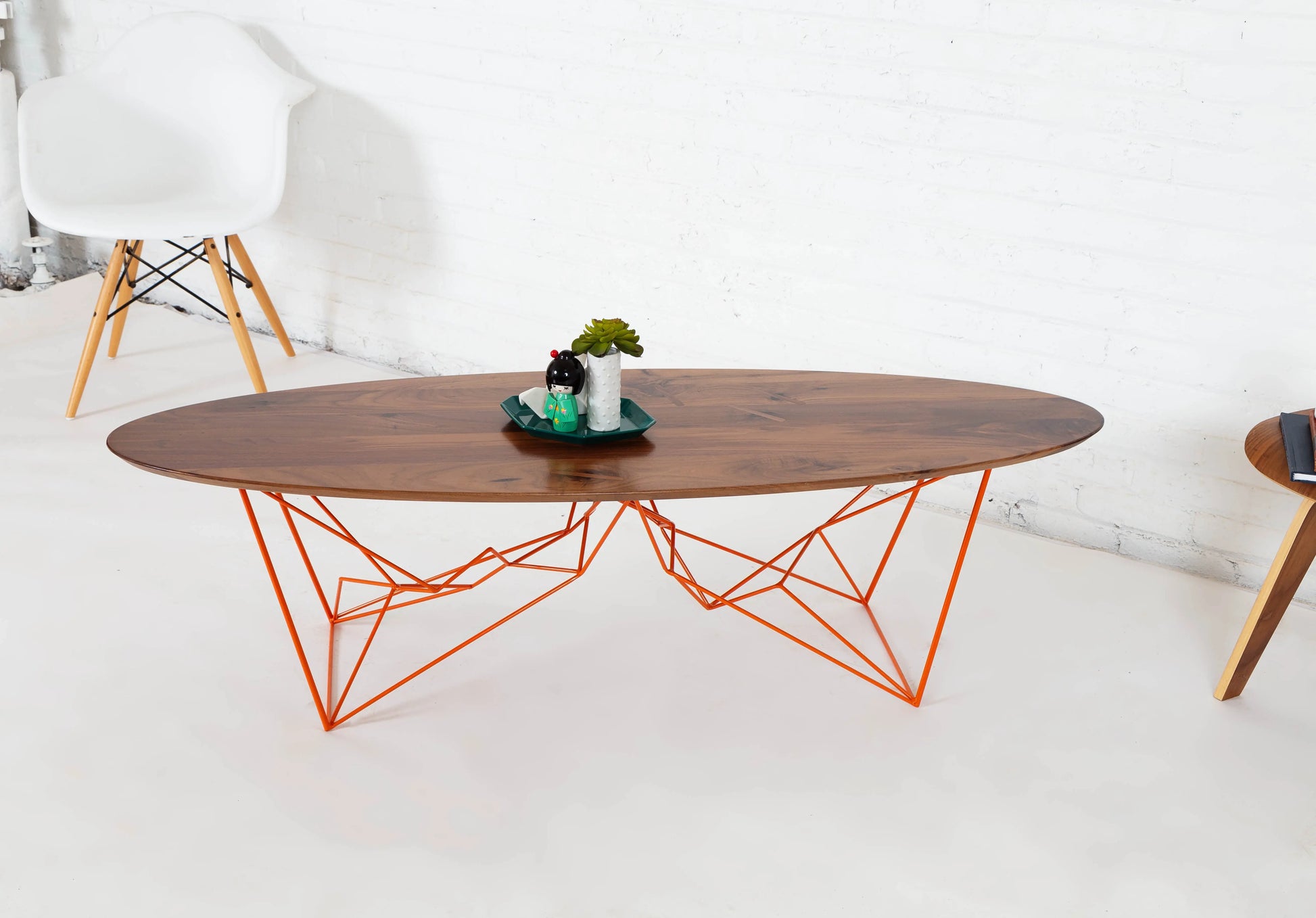 Oval Walnut Coffee Table With Orange Modern Powder-coated Steel Base