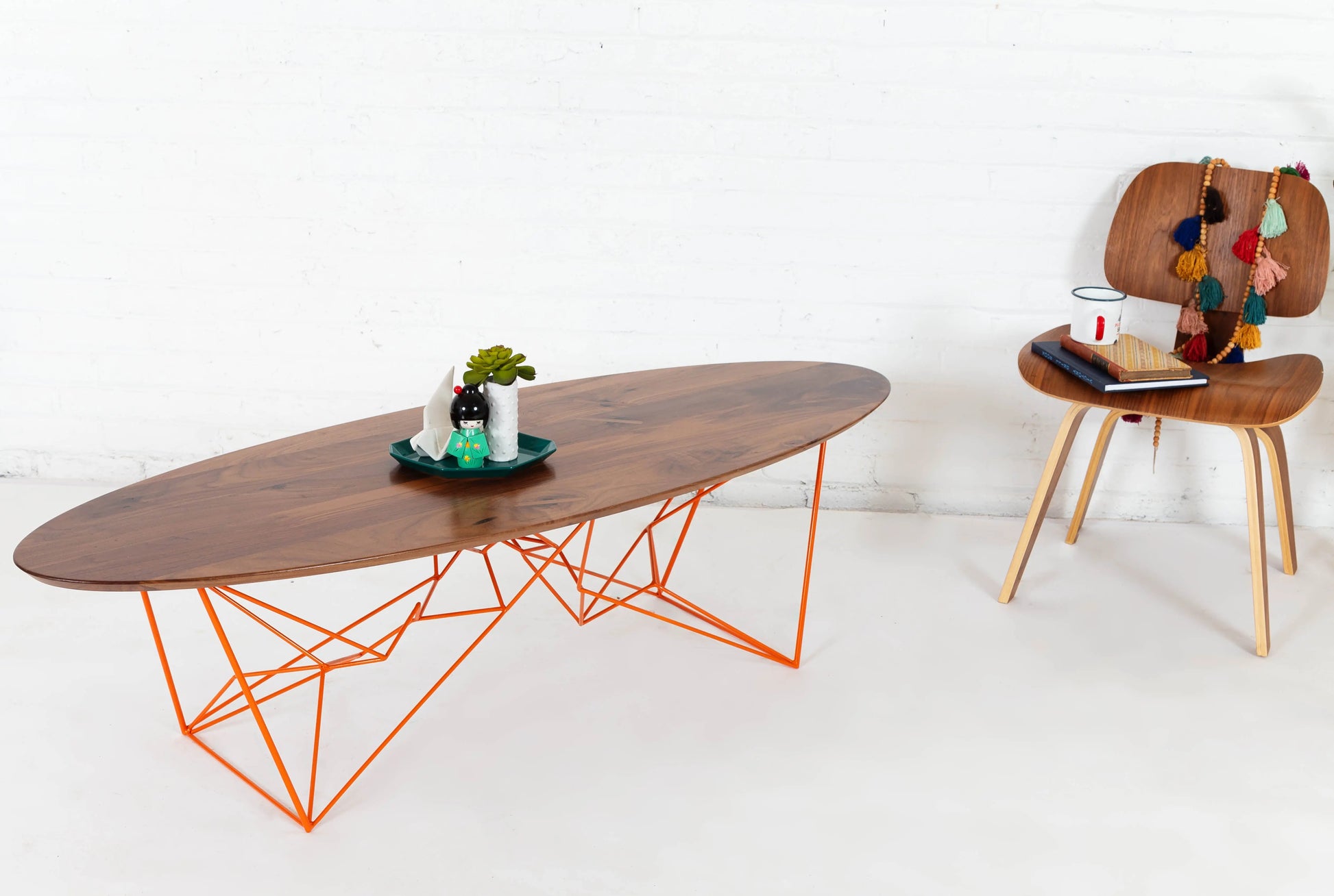 Walnut Oval Coffee Table With Geometric Modern Powder-coated Steel Base