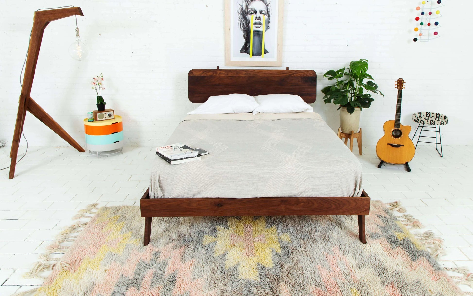 "Minimalist design modern walnut bed frame"