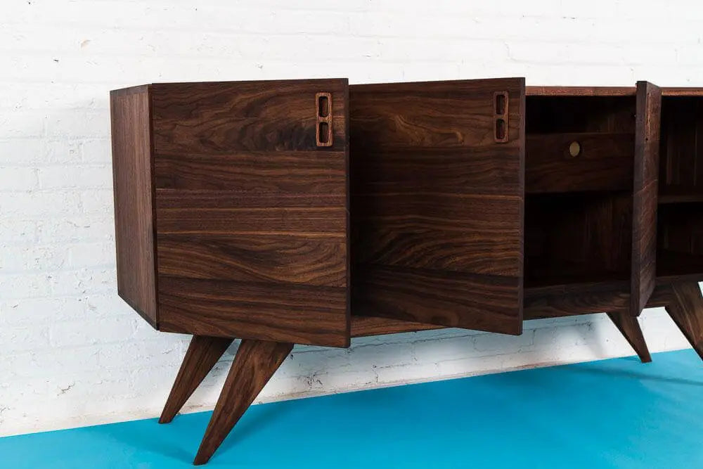  Mid Century Modern Credenza, Two doors open. Blue floor with white background. Loft Space