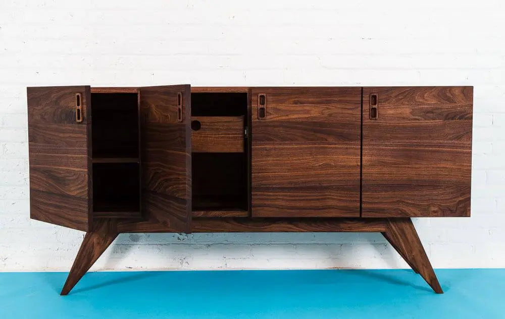 Walnut Mid Century Credenza, Two doors open. Blue floor with white background. Loft Space