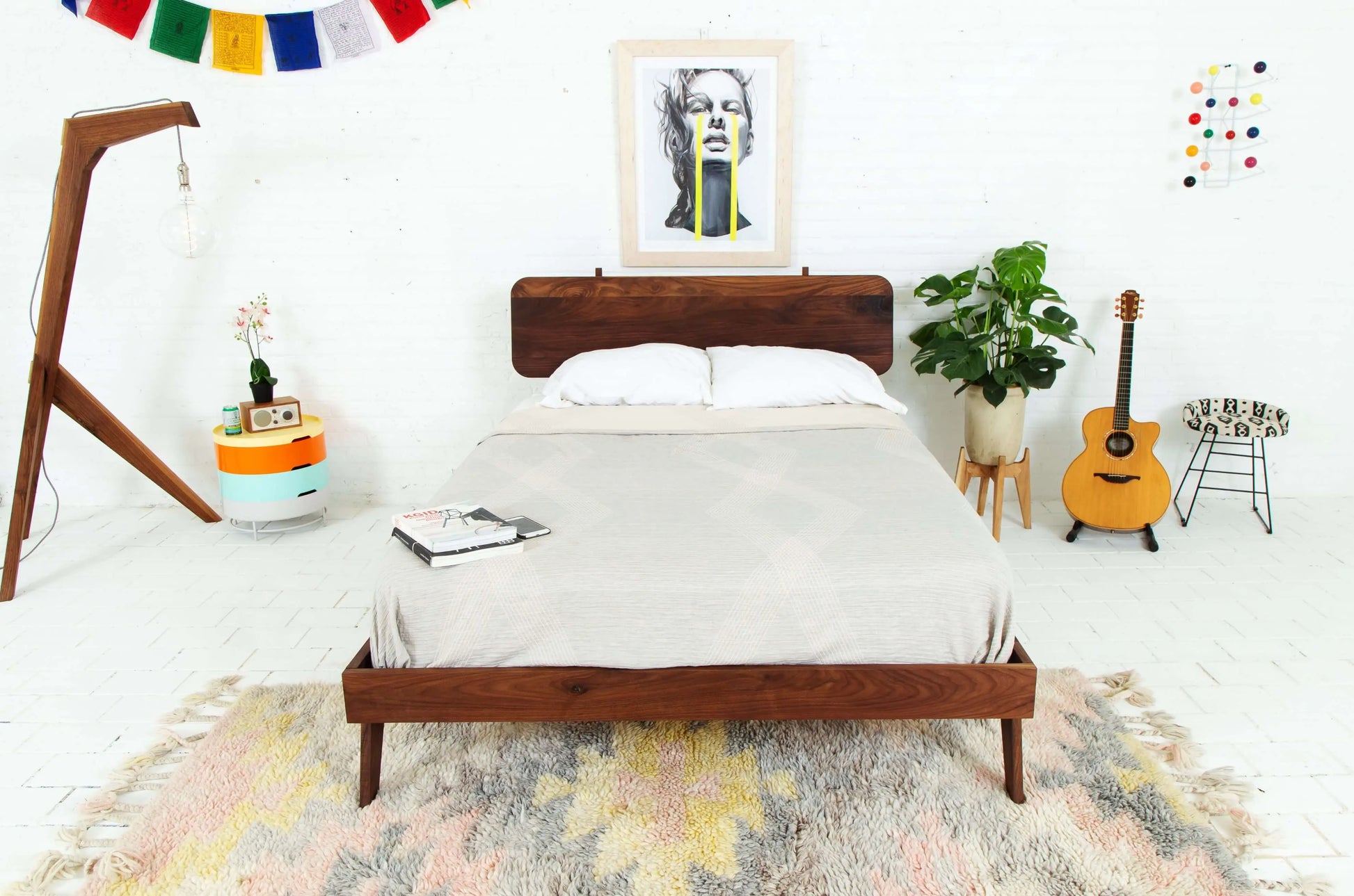 "Platform style modern walnut bed frame"