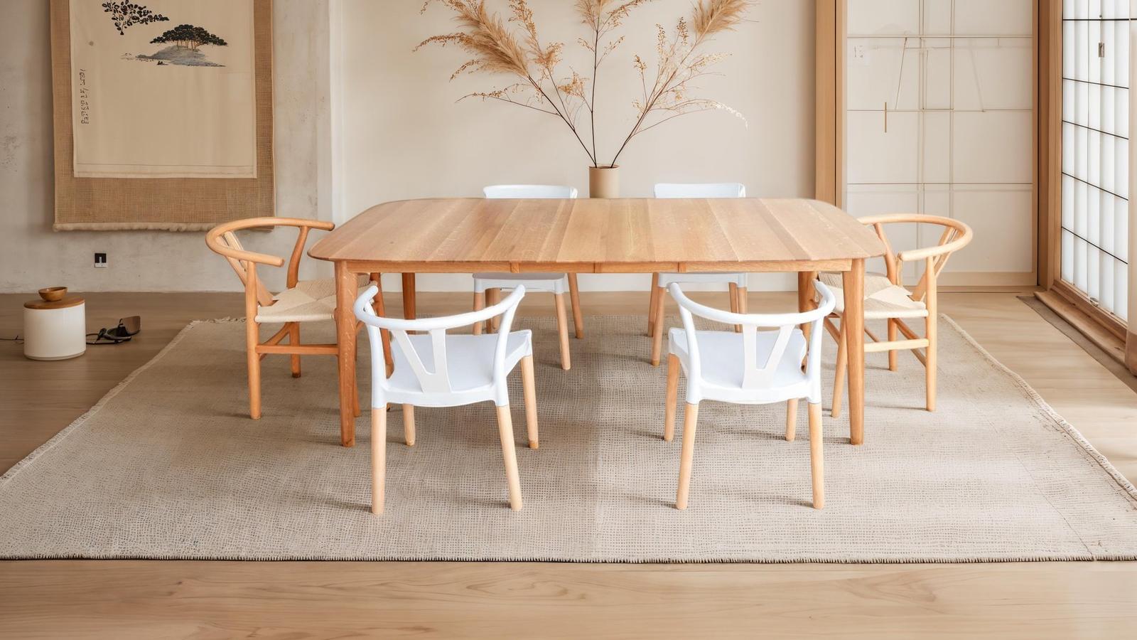 Light oak dining table with wishbone chairs on a woven rug